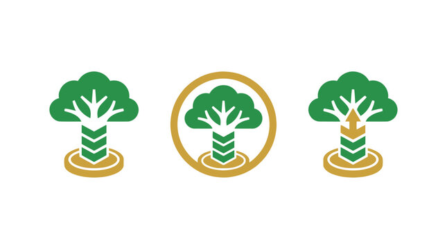 Three stylized green trees with segmented trunks on gold bases, white background