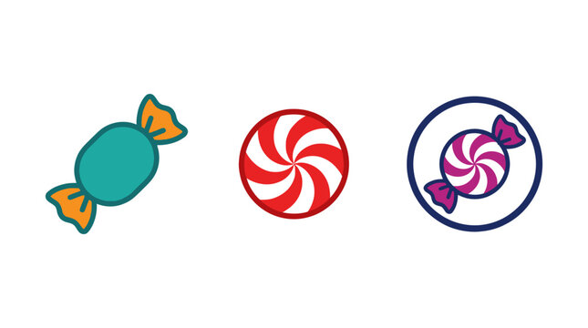 Colorful Candies and Swirl Lollipop Icons on White Background