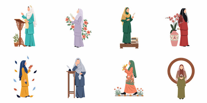 A collection of flat vector illustrations depicting Malay Muslim women in traditional Baju Kurung participating in various literary and cultural activities.