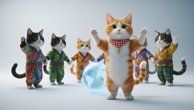 世界の民族衣装を着て手をつなぐ猫たち　地球を囲む平和と団結、多様性の尊重、国際交流を象徴するグラフィック
