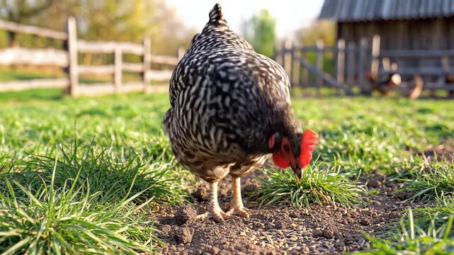 A Barred Plymouth Rock chicken pecks for food in a grassy farmyard.
