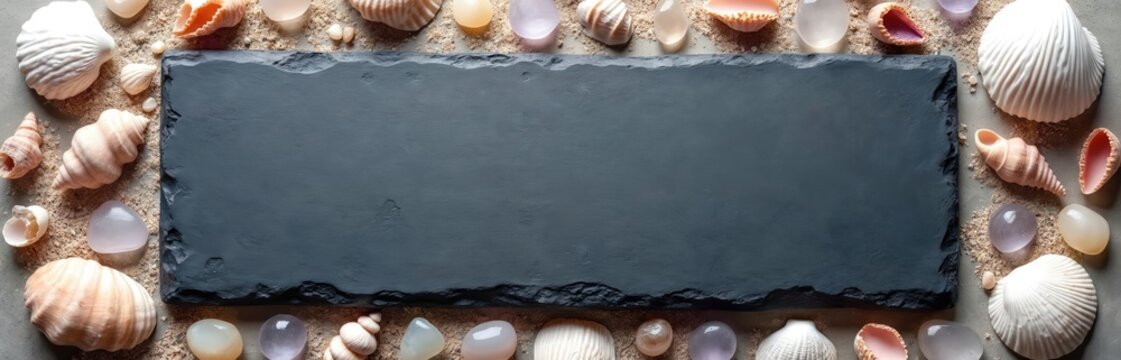 Dark slate bordered by diverse seashells and sea glass on sand. Ready for summer menu or coastal design. Plenty of empty area for text. Natural beach elements.