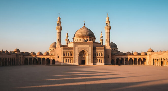 Majestic stone mosque with grand dome and minarets under a clear blue sky, architectural grandeur, cultural landmark, place