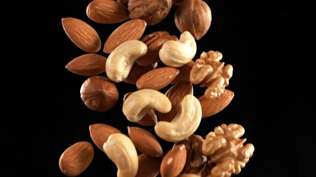 assorted nuts falling from above in slow motion against a black background