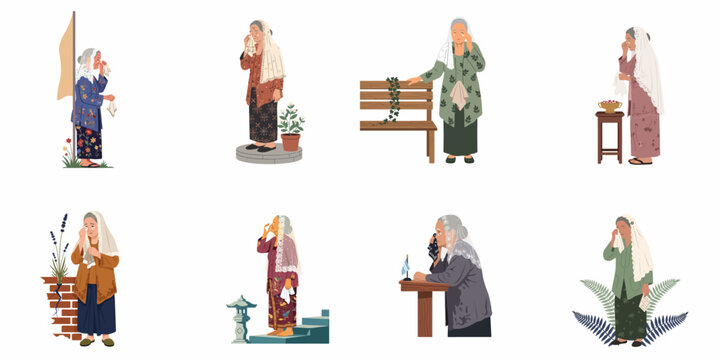 Set of flat illustrations featuring elderly Indonesian women in traditional kebaya mourning and crying, representing grief and cultural heritage.