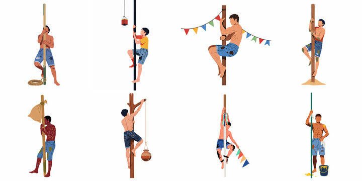 Illustration set of men climbing greasy poles for traditional Panjat Pinang competition during Indonesian Independence Day celebrations, flat vector style.