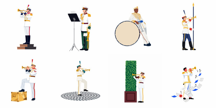 Collection of Military Band Musicians in Ceremonial White Uniforms Playing Trumpets and Drums in Various Poses