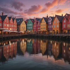 Naklejka premium Bryggen Wharf at dusk with colorful wooden buildings, medieval, historic architecture