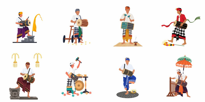 Collection of Balinese traditional musicians playing the kendang drum in various ceremonial poses, wearing ethnic Indonesian outfits, isolated on a white background.