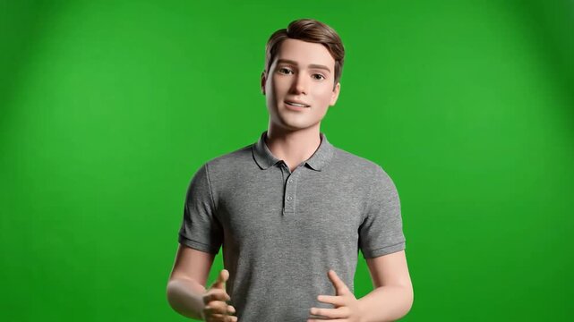 A simple and clean 3D animated male avatar in a grey shirt, presented on a green screen background. Great for presentations, explainer videos, or corporate animations.