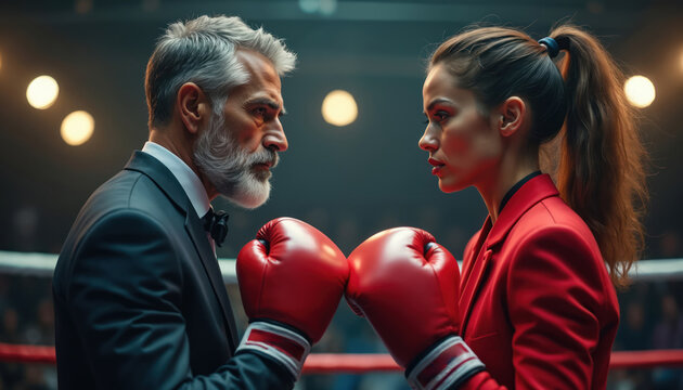 Man and woman face off in boxing ring. They wear suits and red gloves. Intensity shows on their faces. Ready for competition duel. Strong rivals show determination and power.