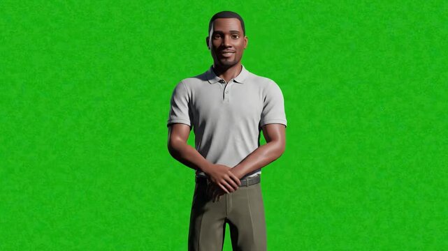 A simple and clean 3D animated male avatar in a grey shirt, presented on a green screen background. Great for presentations, explainer videos, or corporate animations.
