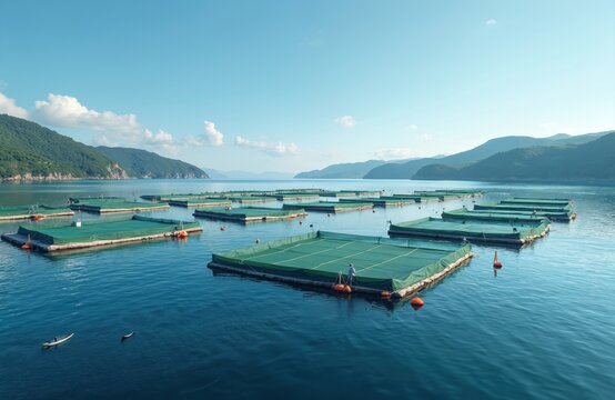 Aquaculture fish farms on calm blue sea with clear sky in coastal landscape. Green nets cover floating cages. Boat sails near mountains in background. This shows seafood production.