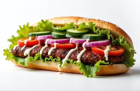 Big kebab sandwich packed with grilled meat, fresh lettuce, tomato, onion and cucumber slices. Drizzled with creamy sauce in sesame bun. Quick meal choice for lunch or dinner.