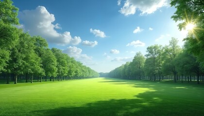 Fototapeta premium Green meadow and tree avenue under bright sunlit blue sky with white clouds. Perfect for nature, park, or golf course themes, offering ample copy space.