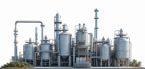 Fototapeta premium Industrial plant with large silver tanks and pipes. Complex machinery operates day and night to produce goods. Chemical factory facility has high towers and storage vessels.