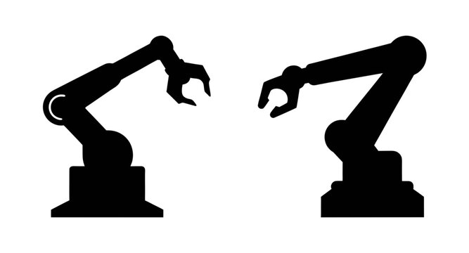 Two robotic arms reaching for each other in a factory setting with industrial automation and technology