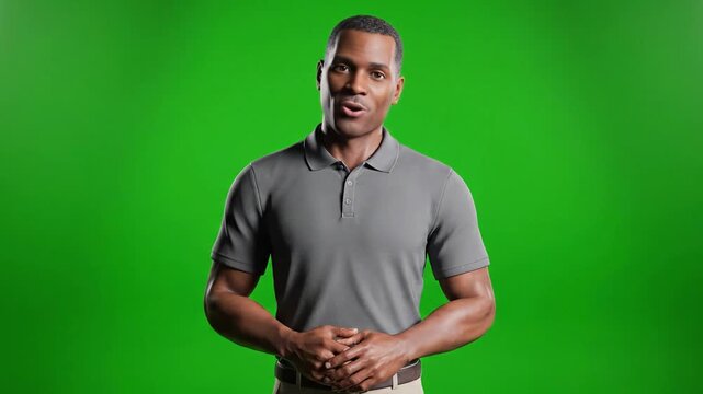 A simple and clean 3D animated male avatar in a grey shirt, presented on a green screen background. Great for presentations, explainer videos, or corporate animations.