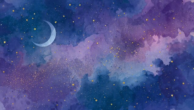 A celestial watercolor painting featuring a crescent moon and stars in a dreamy, artistic style. The background is a mix of blues and purples