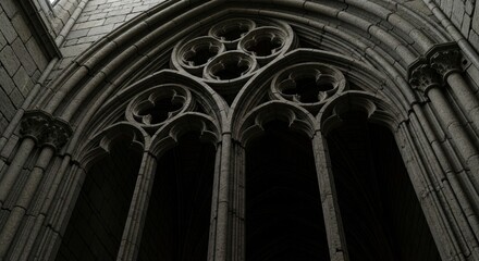 Naklejka premium Gothic architectural window detail with arches and symmetrical design