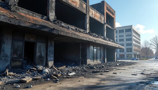 Burnt commercial building facade with debris and damaged structure. Exterior shows fire aftermath. Adjacent modern building offers contrast. Urban scene after disaster.