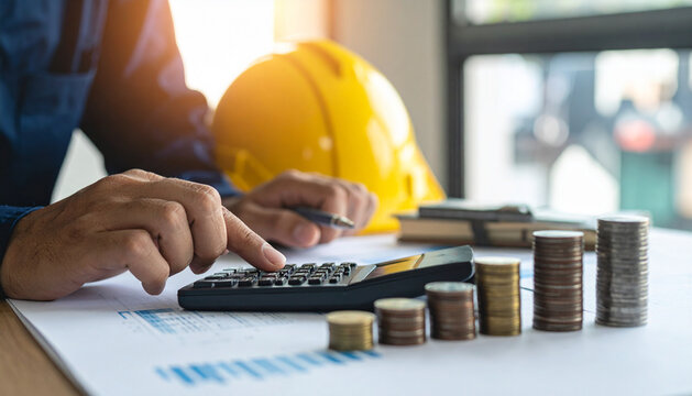 Hand using calculator over construction plans and financial paperwork for budget planning