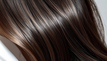 Fototapeta premium Close up of long brunette hair with caramel highlights and silky texture