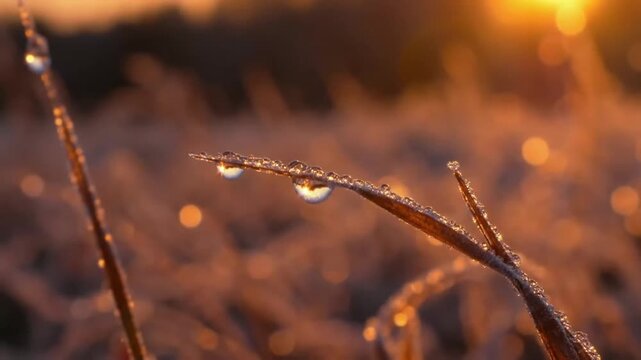 Morning Dew Drops on Grass Blades with Golden Sunrise Bokeh.