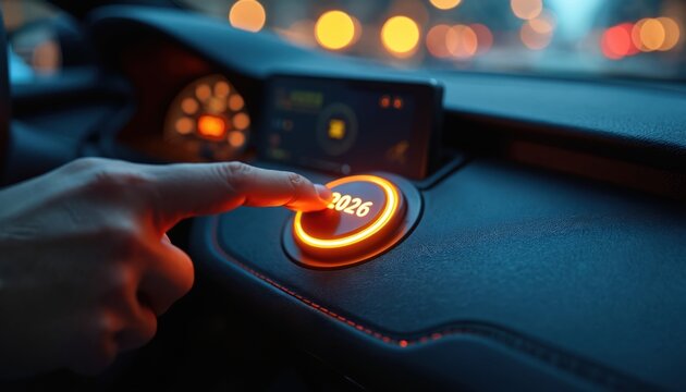 Finger presses glowing button with year 2026 in car interior. Futuristic dashboard with digital screen and lights. Modern auto design, future transport control.