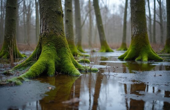 Moss covered tree roots grow in flooded forest floor with ice puddles. Bare trees reflect in water. Spring thaw in Latvia. Saturated green moss clings to tree roots submerged in icy water. Wet ground