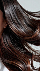 Fototapeta premium Beautiful young woman with long shiny wavy brunette hair in beauty portrait