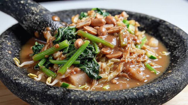 Closeup of Indonesian GadoGado salad being prepared in a mortar.