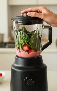 Hand sealing blender lid with spinach and strawberries pink smoothie