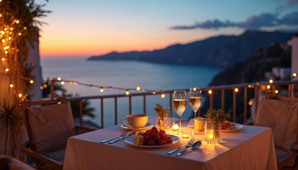 Naklejka premium Table set for romantic dinner on balcony overlooking ocean at sunset. Two glasses of champagne, fruit plate await guests. Evening lights create cozy atmosphere. Scenic view with mountains, calm sea.