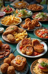 Fototapeta premium Outdoor table laden with diverse dishes, including fried chicken, french fries, salads, and bruschetta. Friends enjoy a casual meal together. Food photography. Summer feast with tasty snacks.