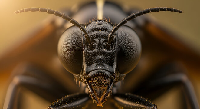 Extreme closeup of a black insect's detailed face with large compound eyes, sharp mandibles, and prominent antennae, macro photography, warm backlighting creates a glowing effect