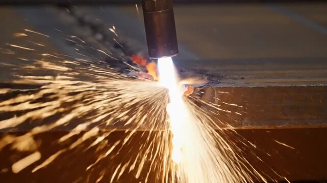 Close-up of a plasma cutter intensely working on metal, creating a shower of sparks.