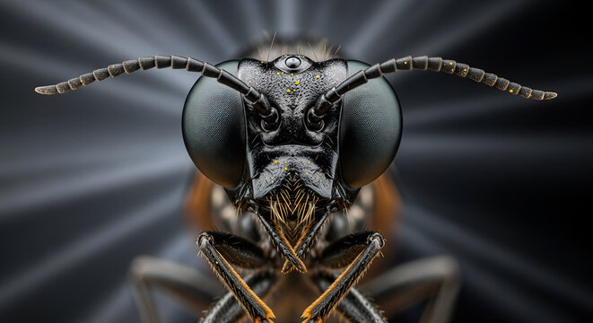 Extreme closeup of a wasp insect head, intricate details of compound eyes, antennae, and mandibles, dark moody lighting, macro photography, wildlife detail