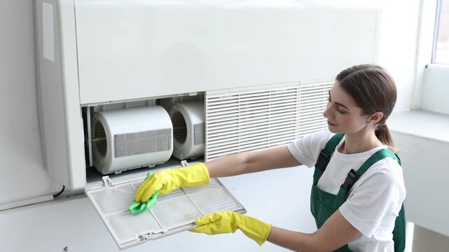 Professional technician cleaning modern air conditioner indoors