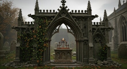 Obraz premium Gothic architectural structure with arches and ornate details outdoor setting
