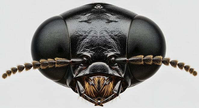 Extreme close-up of a black beetle's head with intricate details, compound eyes, antennae, and mandibles, isolated on a white background, showcasing insect anatomy
