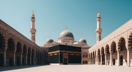 Obraz premium The Kaaba, Islam's holiest site, stands majestically in Mecca, Saudi Arabia, under a clear blue sky, representing faith and pilgrimage