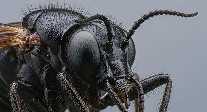 Extreme closeup macro shot of a black iridescent insect's head, showcasing intricate details of its compound eyes, antennae, and textured exoskeleton, detailed entomology subject