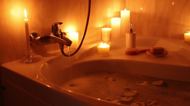 Romantic atmosphere. Bathtub with burning candles, petals, soap and brush in bathroom, closeup