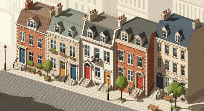 Row of colorful townhouses with mansard roofs.