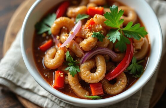 Close up bowl of chitterlings stew with red pepper onion and parsley. Delicious comfort food with savory sauce is ready for eating. Wholesome meal for hungry person.