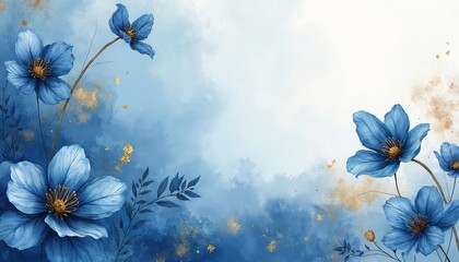 Naklejka na ściany i meble Blue flowers on watercolor background with gold accents. Delicate petals, leaves create elegant floral design. Soft light, abstract texture add artistic flair. Ideal for backdrop, wallpaper, creative