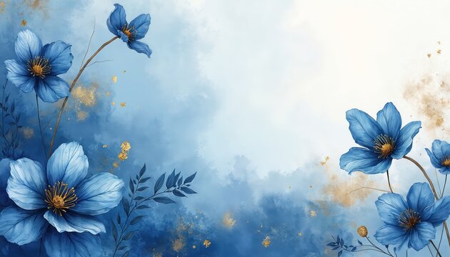 Blue flowers on watercolor background with gold accents. Delicate petals, leaves create elegant floral design. Soft light, abstract texture add artistic flair. Ideal for backdrop, wallpaper, creative