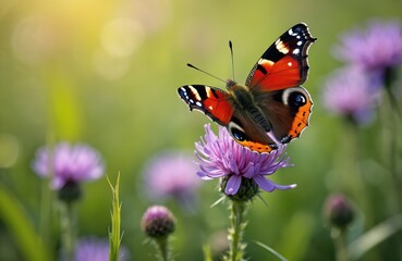 Obraz premium Peacock butterfly lands on purple thistle flower in soft sunlit meadow. Insect wings show bright orange black blue eye spots. Nature scene, summer garden, macro shot.
