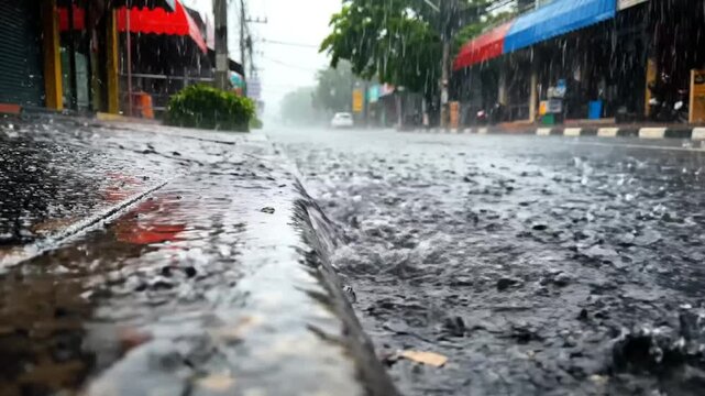 Heavy Rainstorm in Street with Puddles and Buildings on a Gloomy Cloudy Day in Thailand